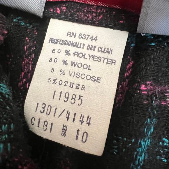 Vintage 80s Size Medium Black Wool Blend Tweed Skirt Fuchsia Blue Woven Pattern - Picture 8 of 9